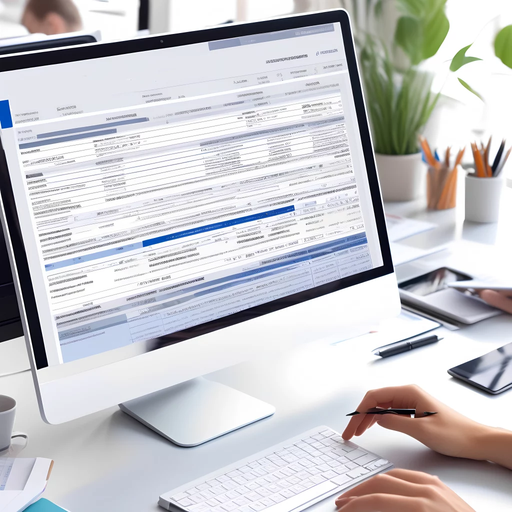 Person arbeitet am Computer mit einem kostenloses E-Rechnungstool, auf dem Bildschirm sind digitale Rechnungsfelder zu sehen.